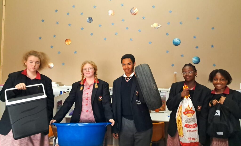 Grade 8 learners Bianca Potgieter, Kayla Bothma, Benjamin Trollip, Alive Singqoto and Emihle Harmans got creative for Anything but School Bag Day.