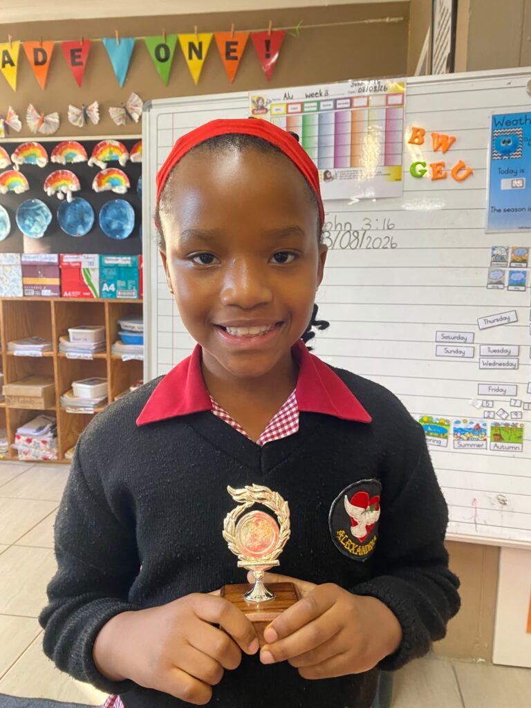 Aluvuyele Gqoba, a Grade 1 learner, is the Student of the Month.